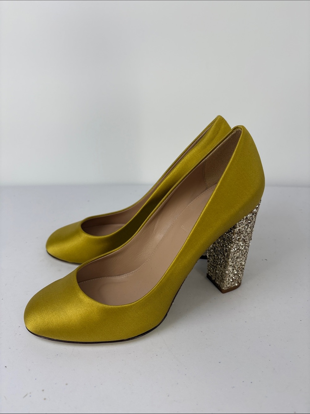 🥐 J. Crew Collection Satin Pumps in Chartreuse with Glitter Block Heel 4”